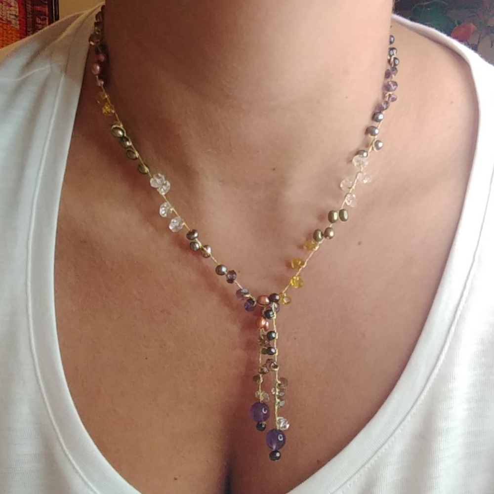 NWOT Multi stone & Pearl Lariat Necklace